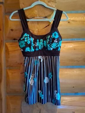 Speechless Black Floral Striped Tank with Teal Accents